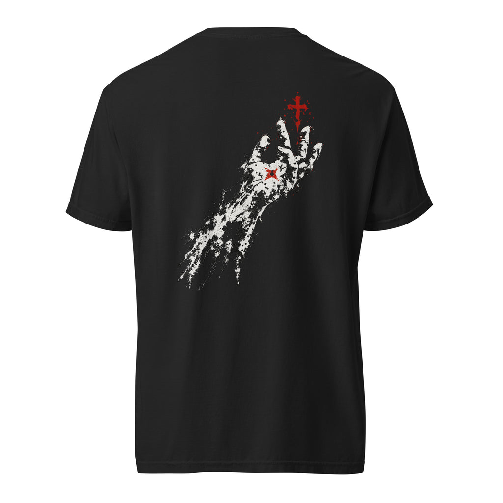 Back view of a black Flakkowrld REACHING heavyweight tee with a bold back print.