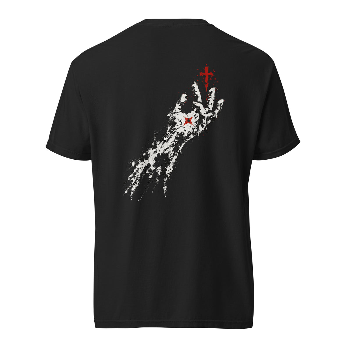 Back view of a black Flakkowrld REACHING heavyweight tee with a bold back print.