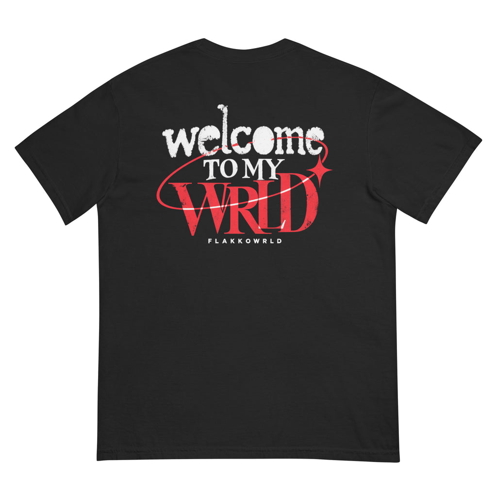 Back view of a black Flakkowrld tee with the Welcome to My WRLD graphic and red orbital accent.
