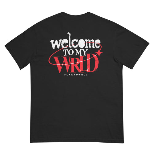 Back view of a black Flakkowrld tee with the Welcome to My WRLD graphic and red orbital accent.