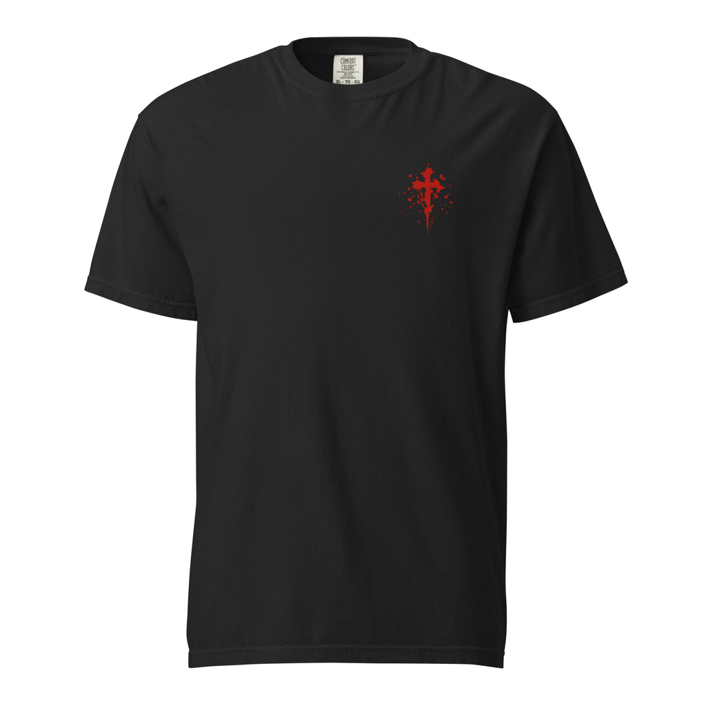 Front view of a black Flakkowrld REACHING heavyweight tee with a red cross chest graphic.