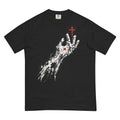 Front view of a black Flakkowrld 'PILOT RFG' heavyweight tee with a distressed hand and red cross graphic.