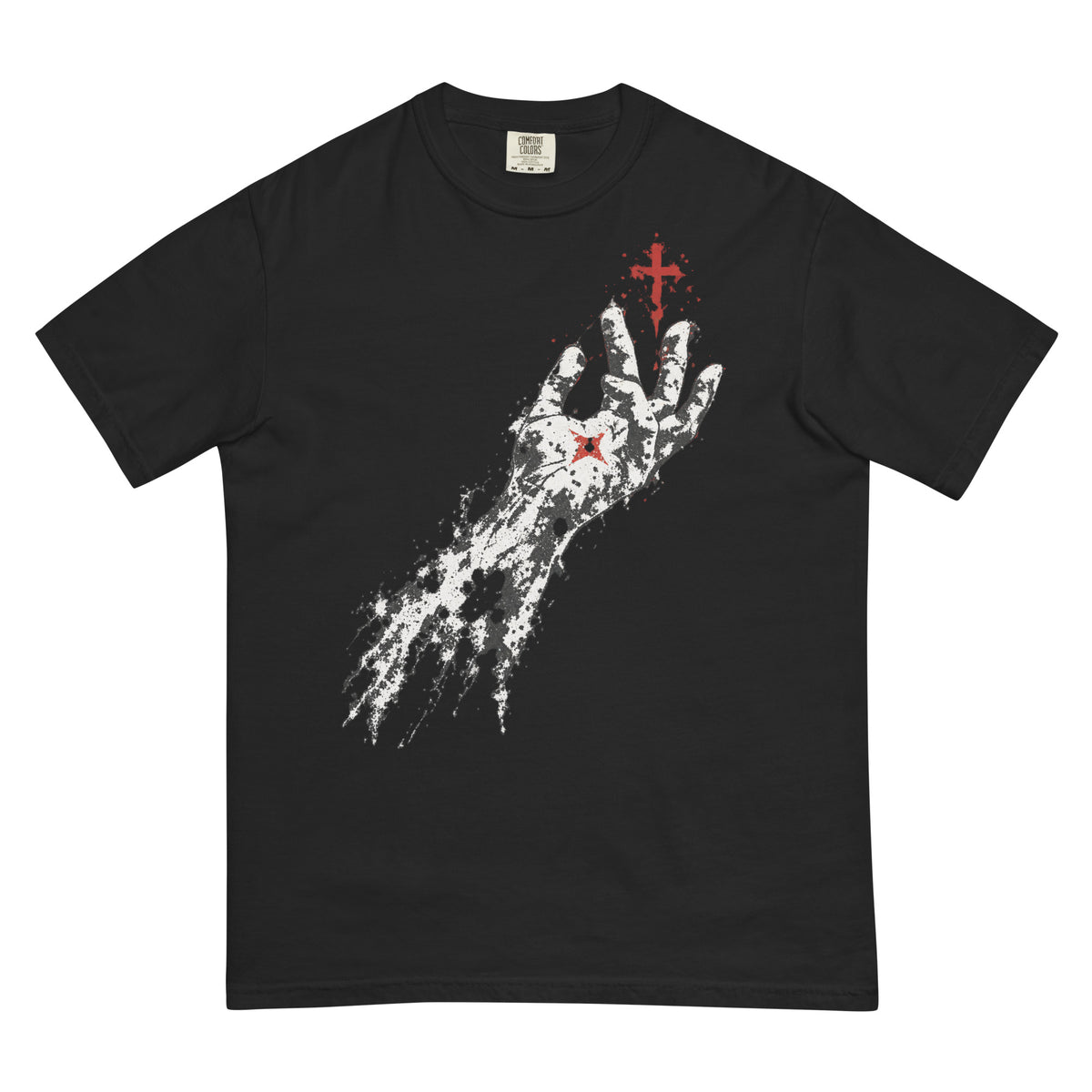 Front view of a black Flakkowrld 'PILOT RFG' heavyweight tee with a distressed hand and red cross graphic.