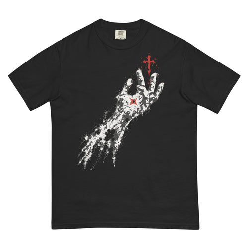 Front view of a black Flakkowrld 'PILOT RFG' heavyweight tee with a distressed hand and red cross graphic.