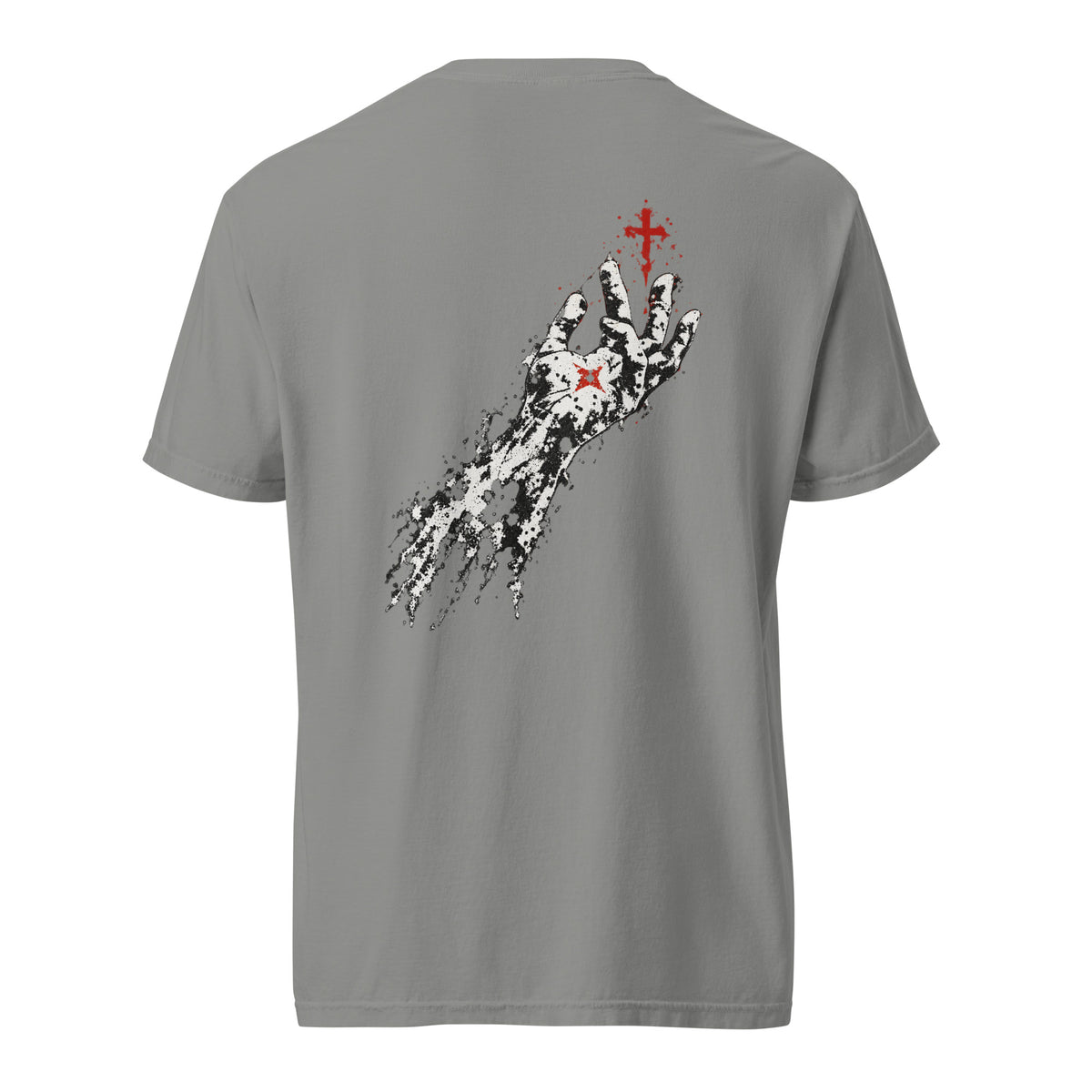 Back view of a gray Flakkowrld REACHING heavyweight tee with a bold back print.
