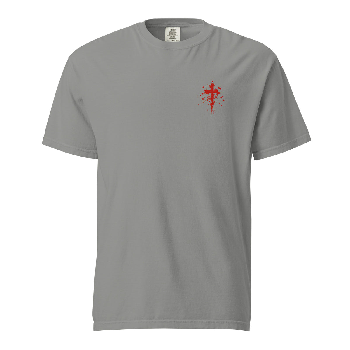 Front view of a gray Flakkowrld REACHING heavyweight tee with a red cross chest graphic.