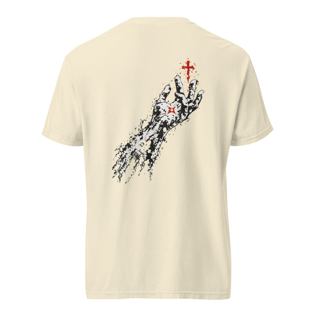 Back view of an ivory Flakkowrld REACHING heavyweight tee with the bold back print.