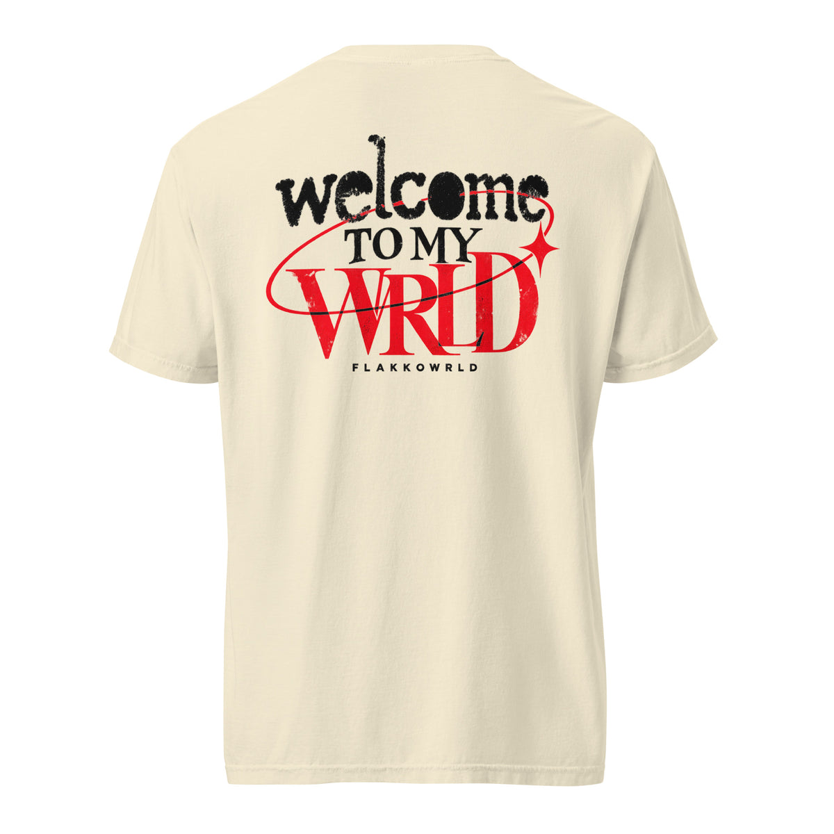 Back view of an ivory Flakkowrld tee with a Welcome to My WRLD graphic and red orbital accent.