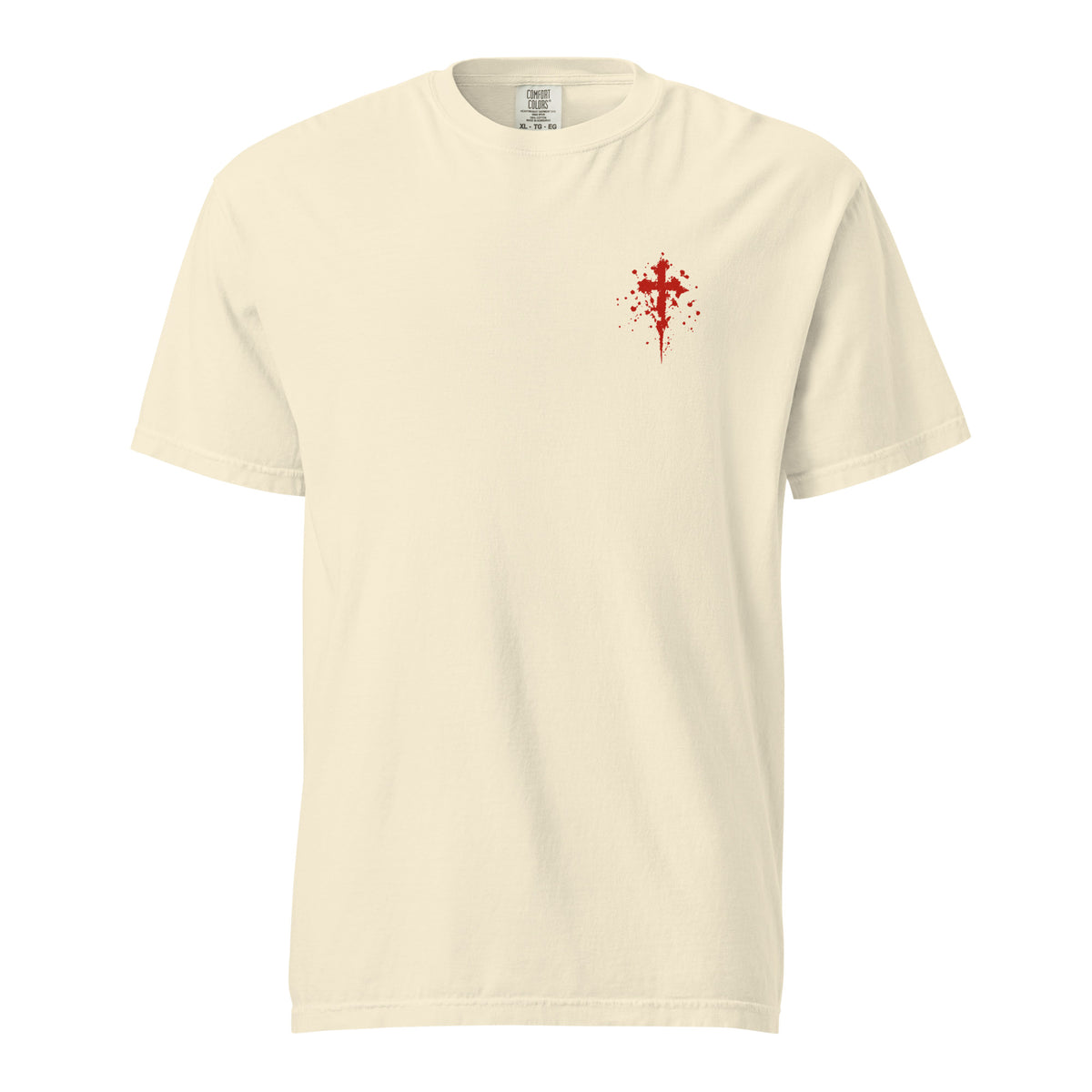 Front view of an ivory Flakkowrld REACHING heavyweight tee with a red cross chest graphic.