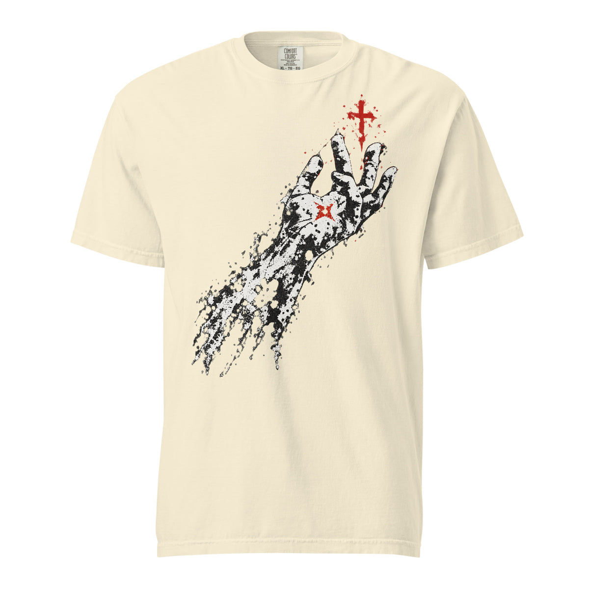 Front view of an ivory Flakkowrld heavyweight tee showing the chest design.