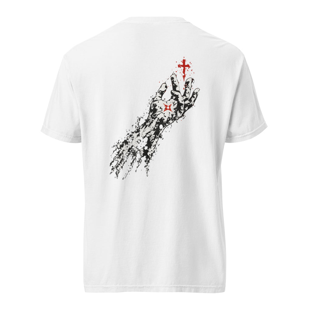 Back view of a white Flakkowrld REACHING heavyweight tee with a bold back print.