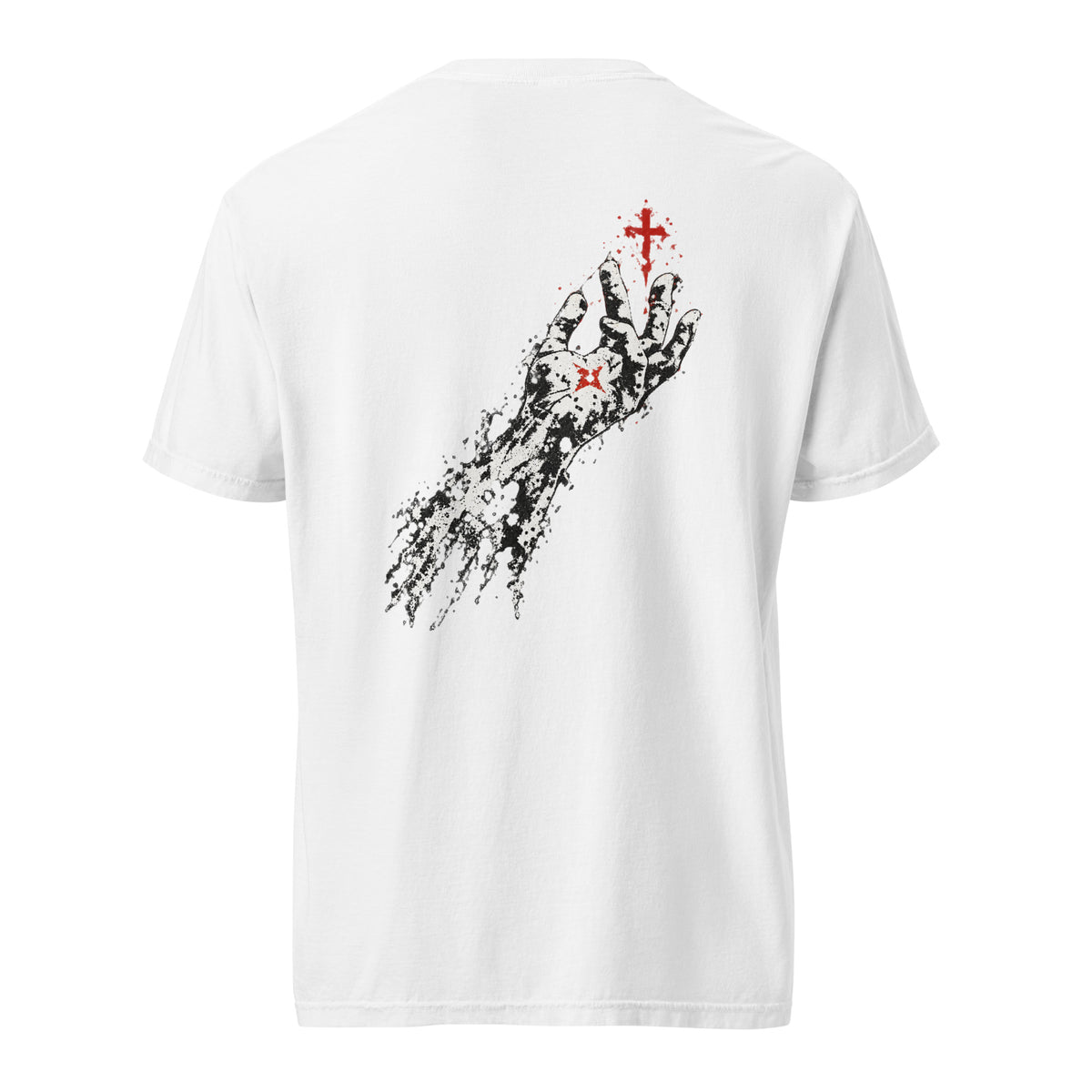 Back view of a white Flakkowrld REACHING heavyweight tee with a bold back print.