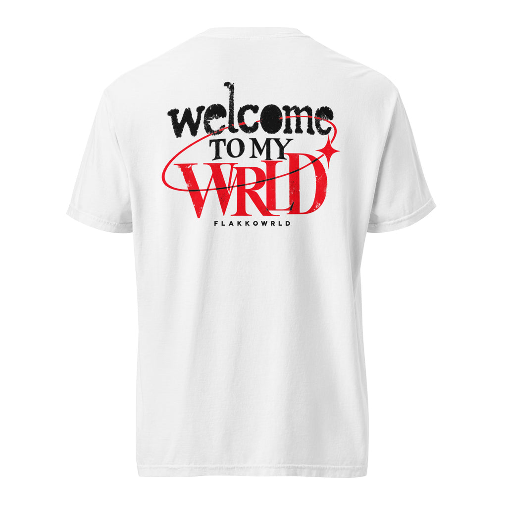 Back view of a white Flakkowrld tee with the Welcome to My WRLD graphic and red orbital accent.