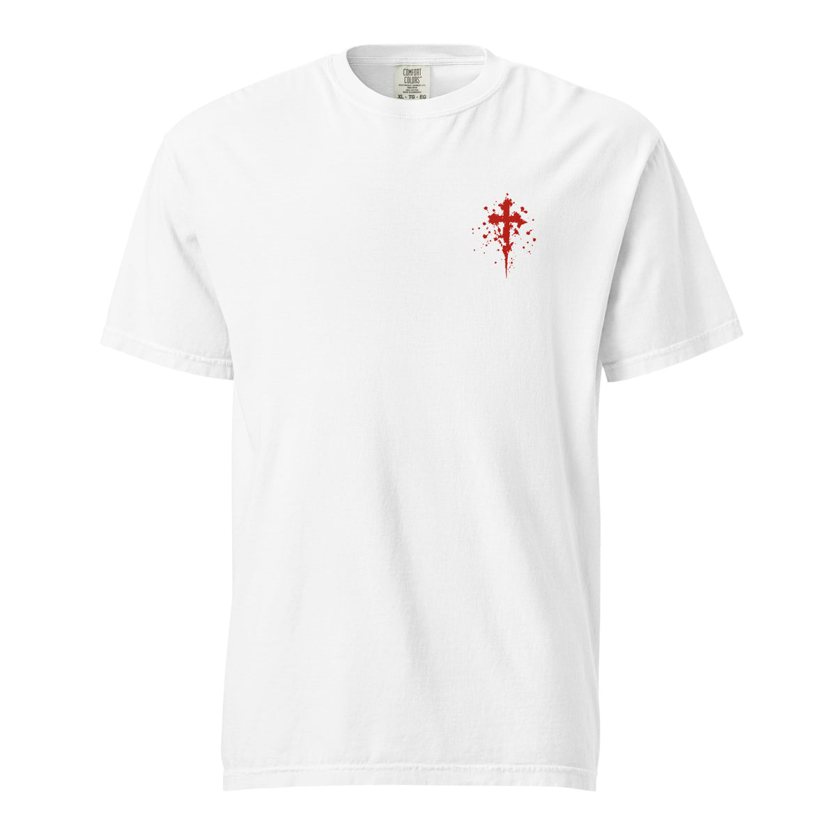 Front view of a white Flakkowrld REACHING heavyweight tee with a red cross chest graphic.