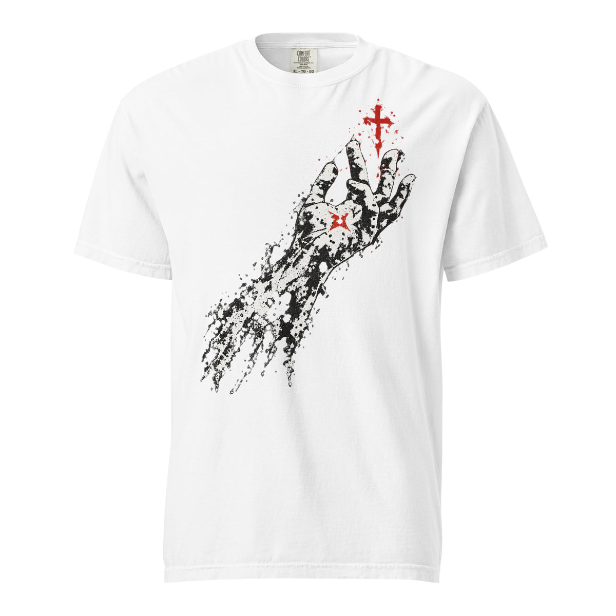 Front view of a white Flakkowrld heavyweight tee showing the chest design.