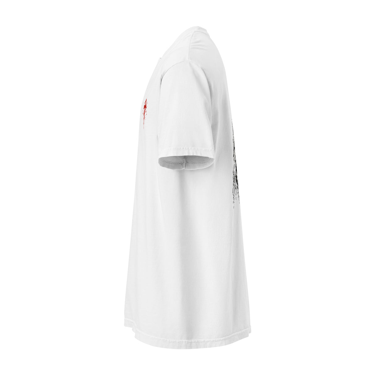 Left view of a white Flakkowrld REACHING heavyweight tee.