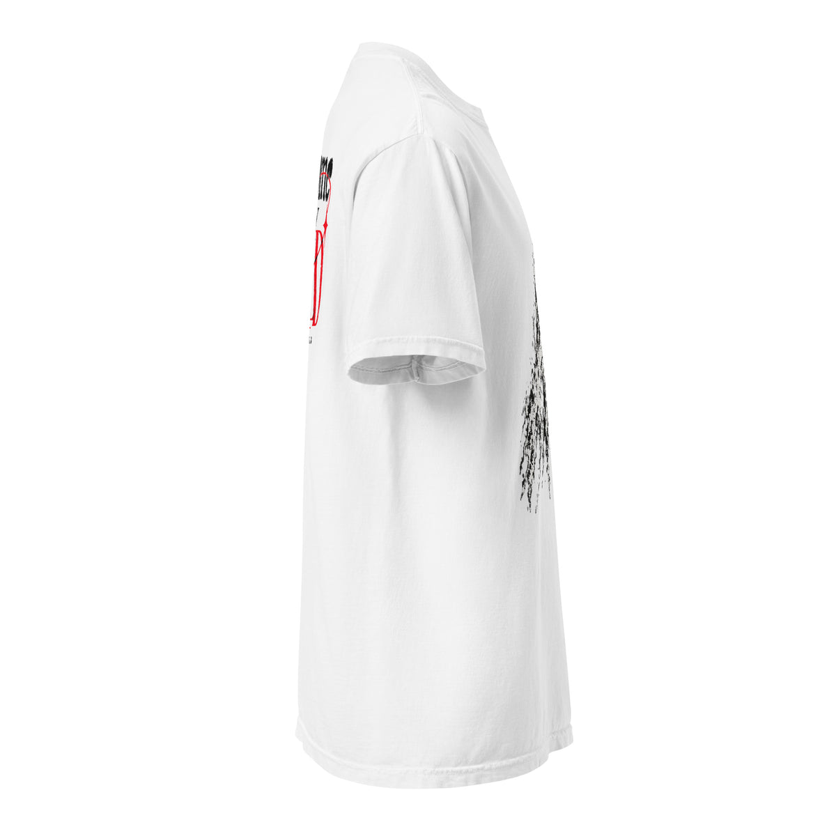 Side view of a white Flakkowrld heavyweight tee with parts of the front and back graphics visible.