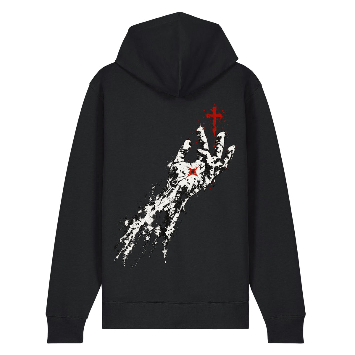 Black Flakkowrld zip-up hoodie, back view.