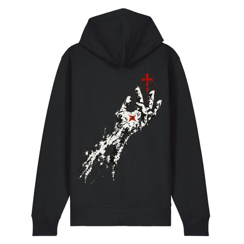 Black Flakkowrld zip-up hoodie, back view.