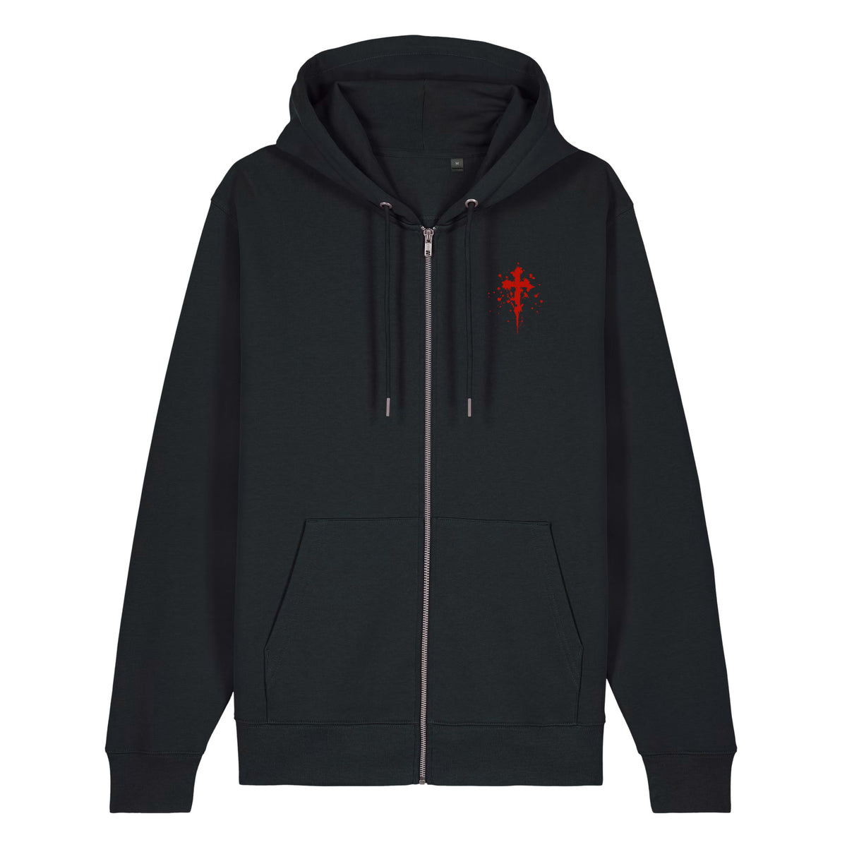 Black Flakkowrld zip-up hoodie, front view.