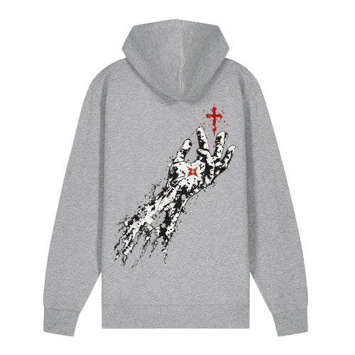 Heather gray Flakkowrld zip-up hoodie, back view.