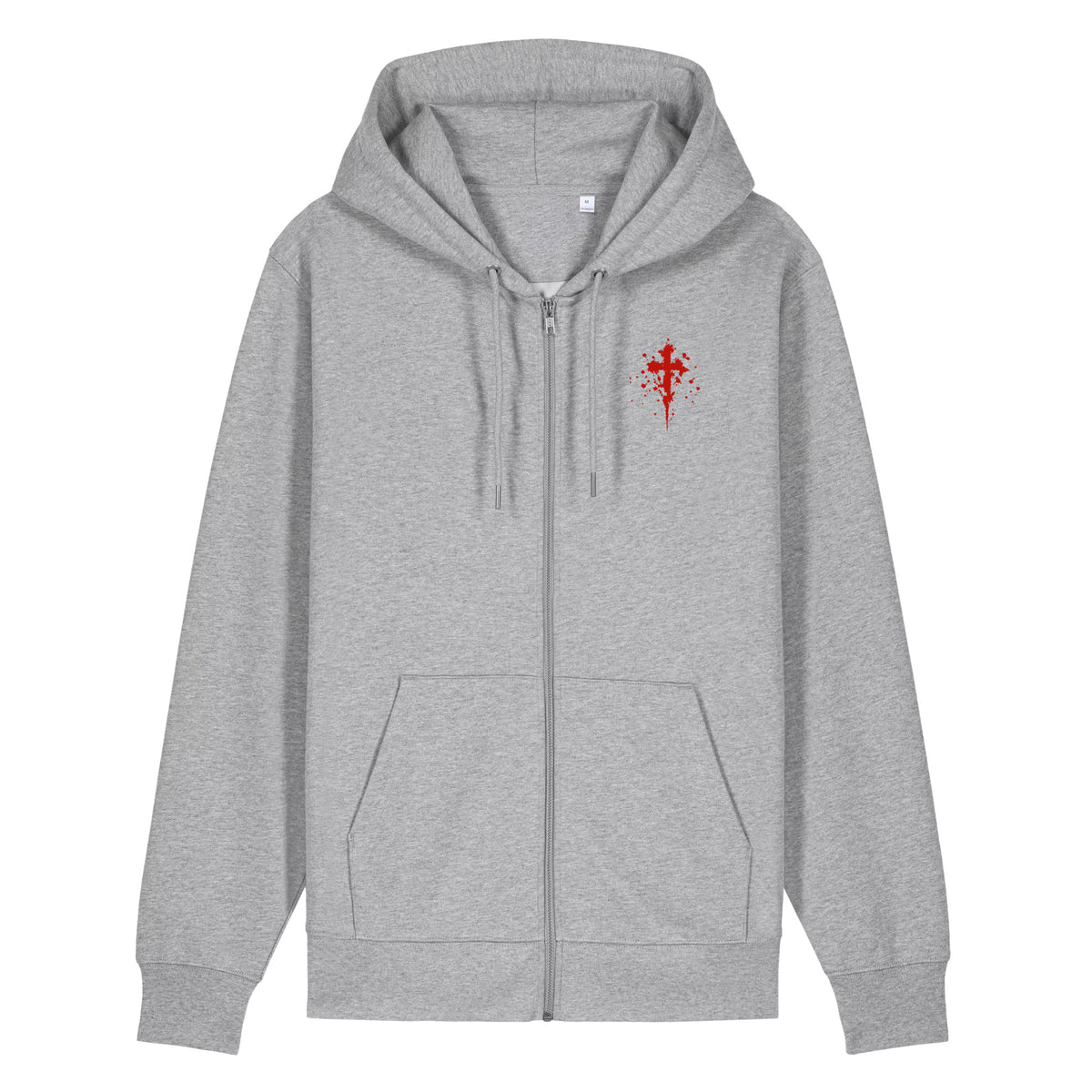 Heather gray Flakkowrld zip-up hoodie, front view.