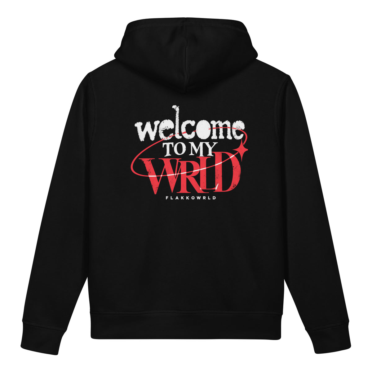 Black Flakkowrld hoodie, back view.