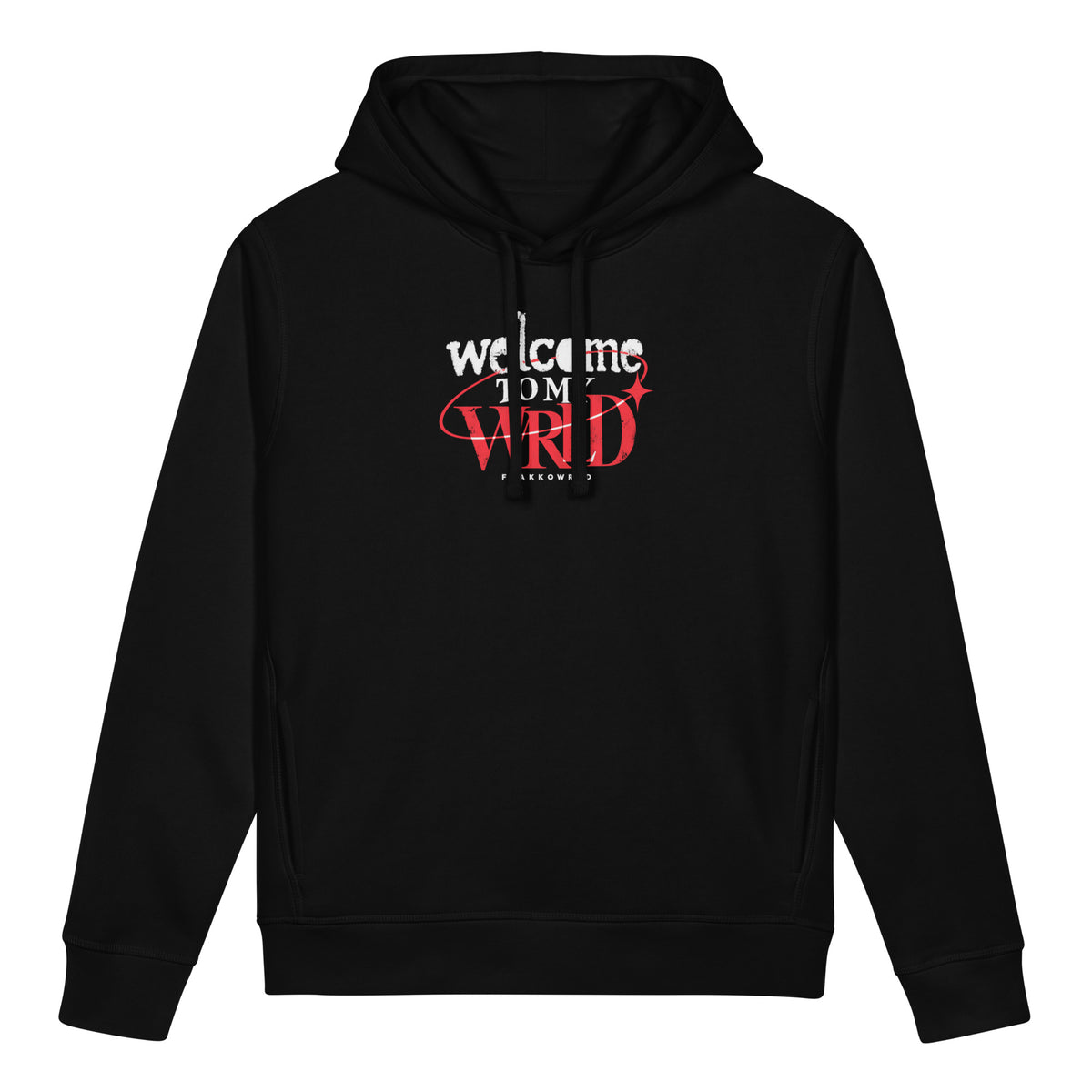 Black Flakkowrld hoodie, front view.