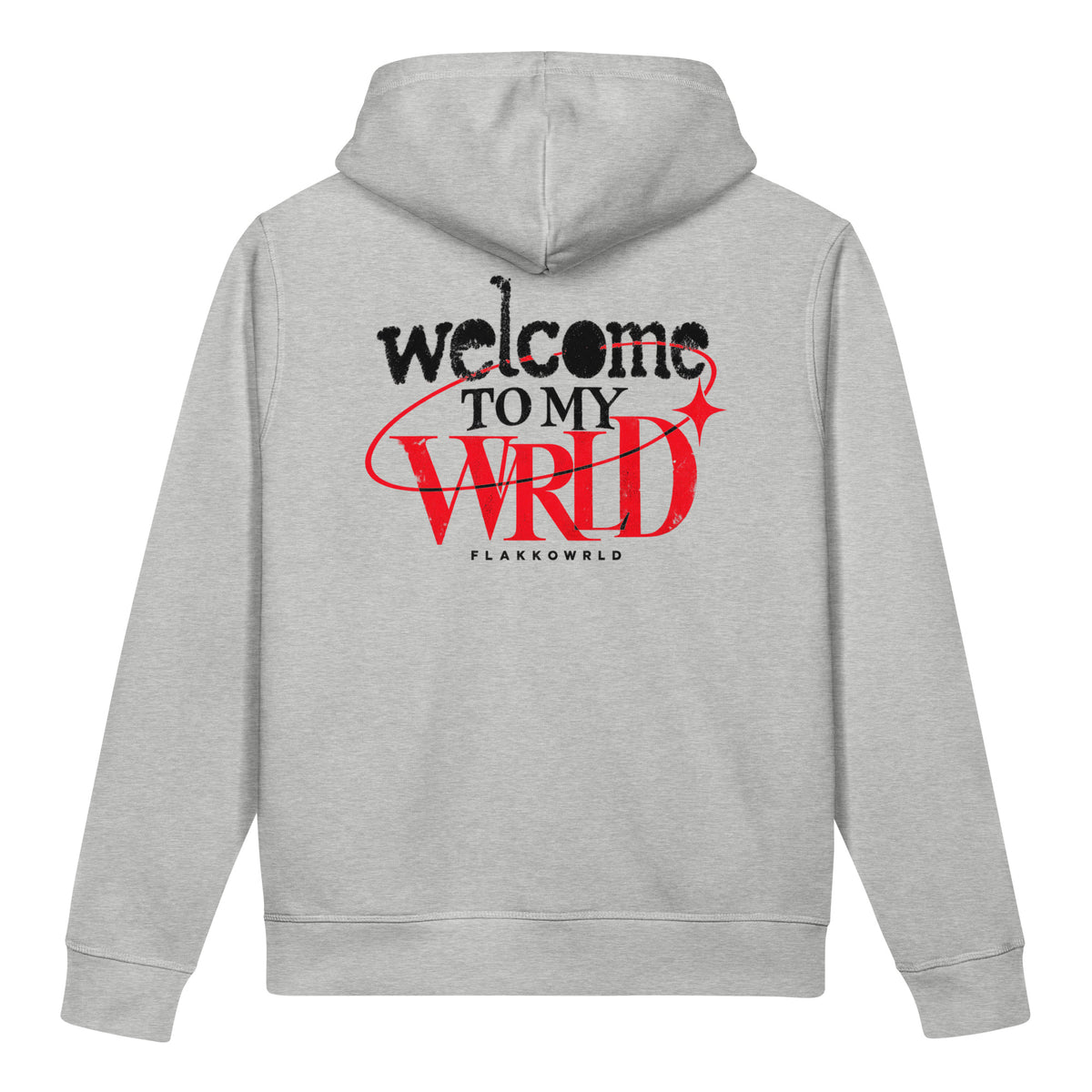 Heather gray Flakkowrld hoodie, back view.