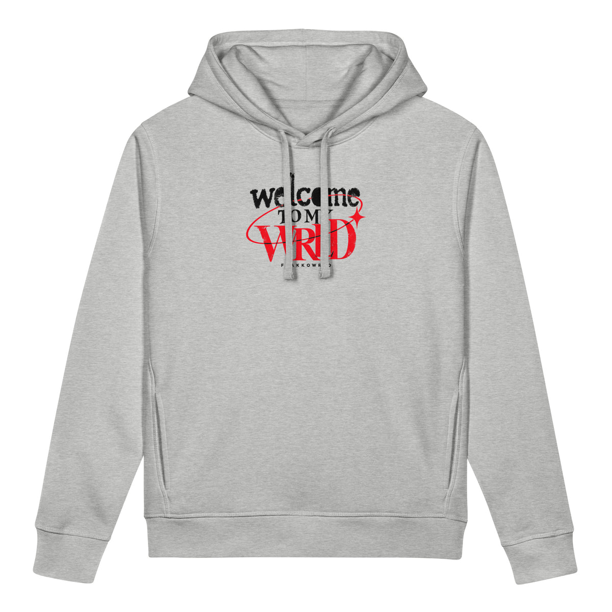 Heather gray Flakkowrld hoodie, front view.