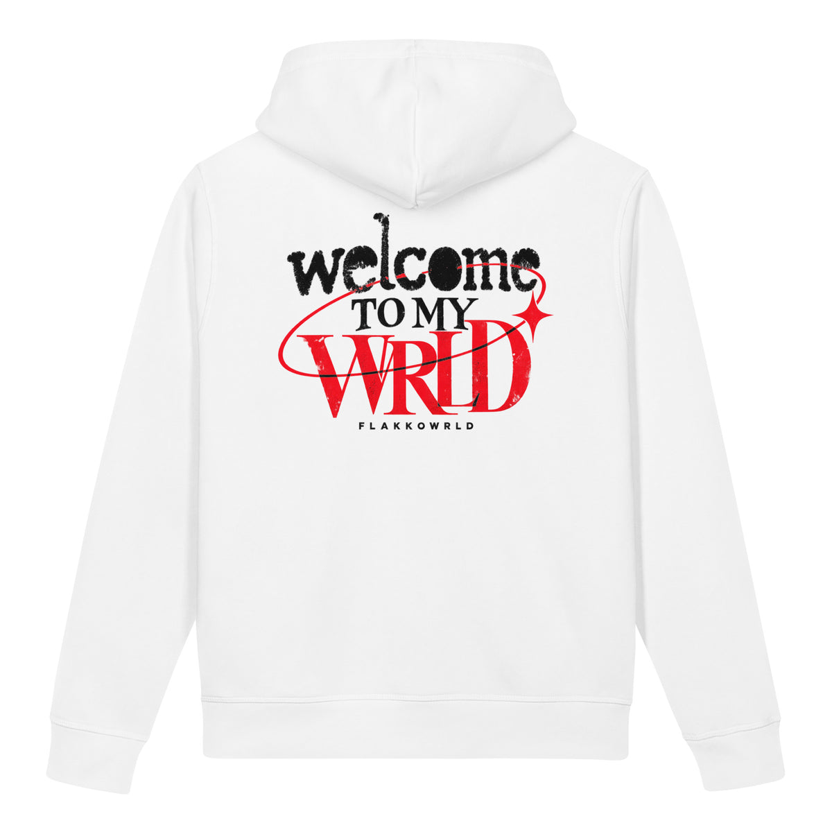 White Flakkowrld hoodie, back view.
