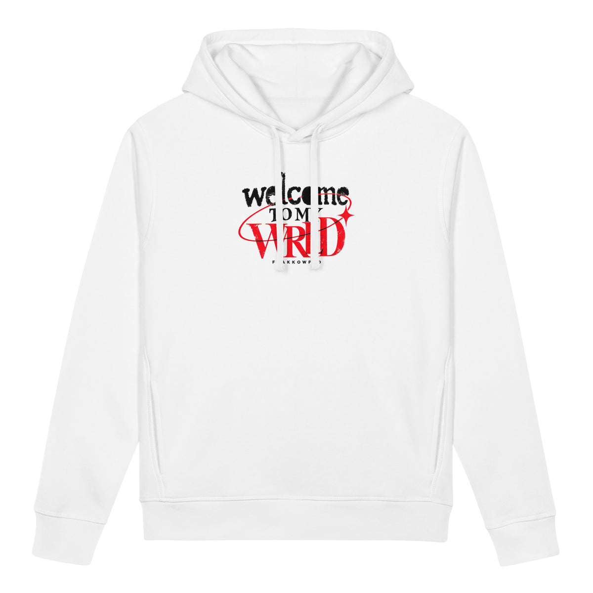White Flakkowrld hoodie, front view.