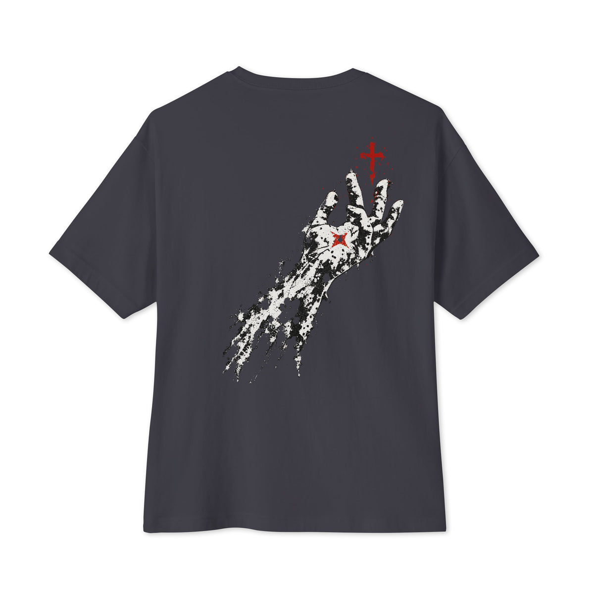 Dark gray Flakkowrld oversized T-shirt, back view.