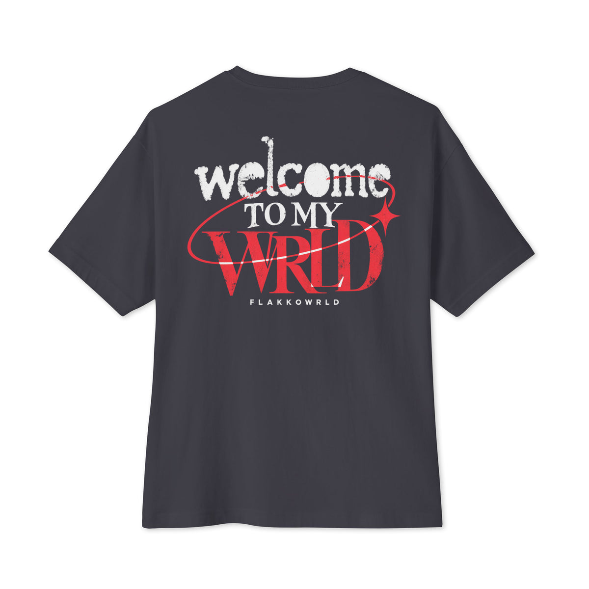 Dark gray oversized Flakkowrld T-shirt, back view.