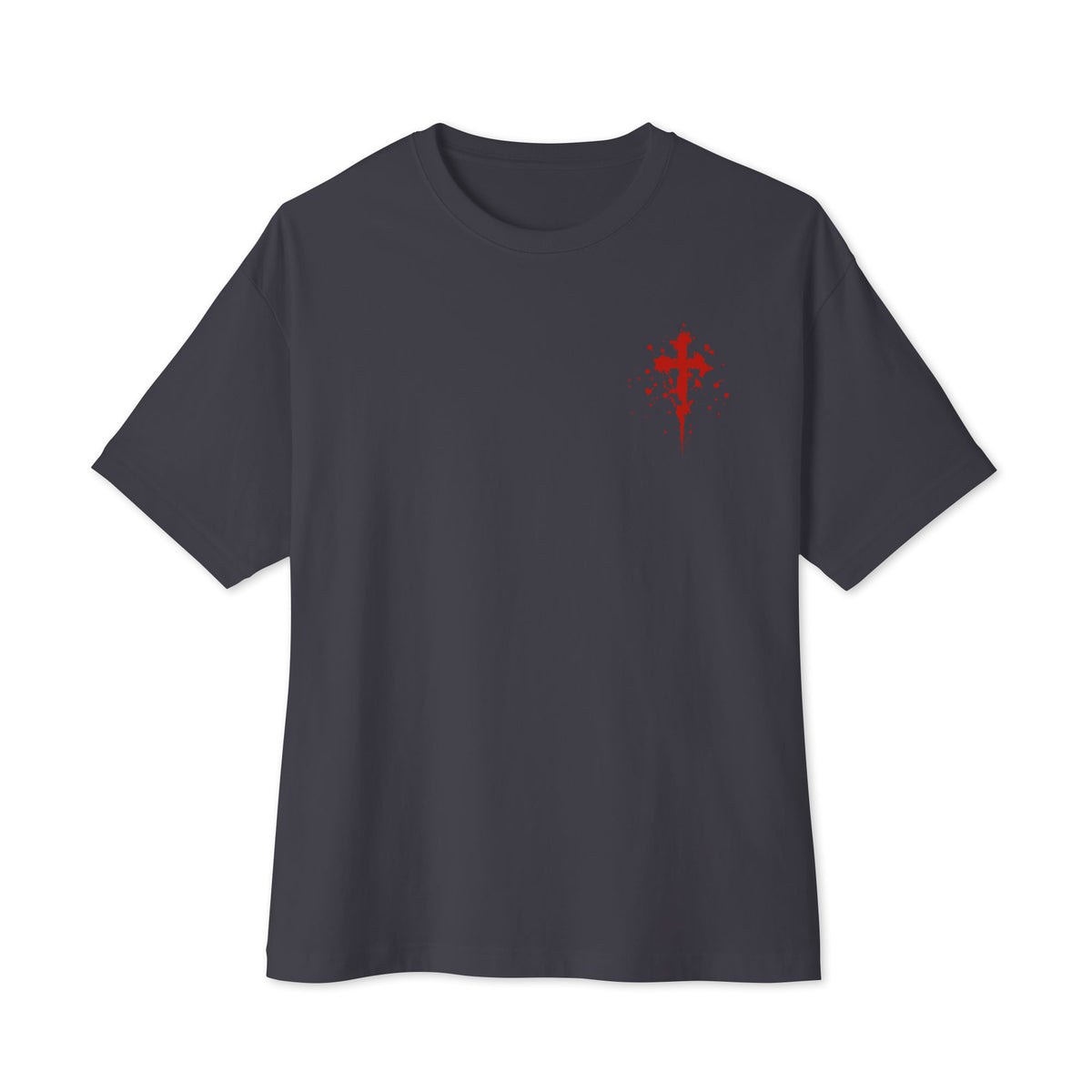 Dark gray Flakkowrld oversized T-shirt, front view.