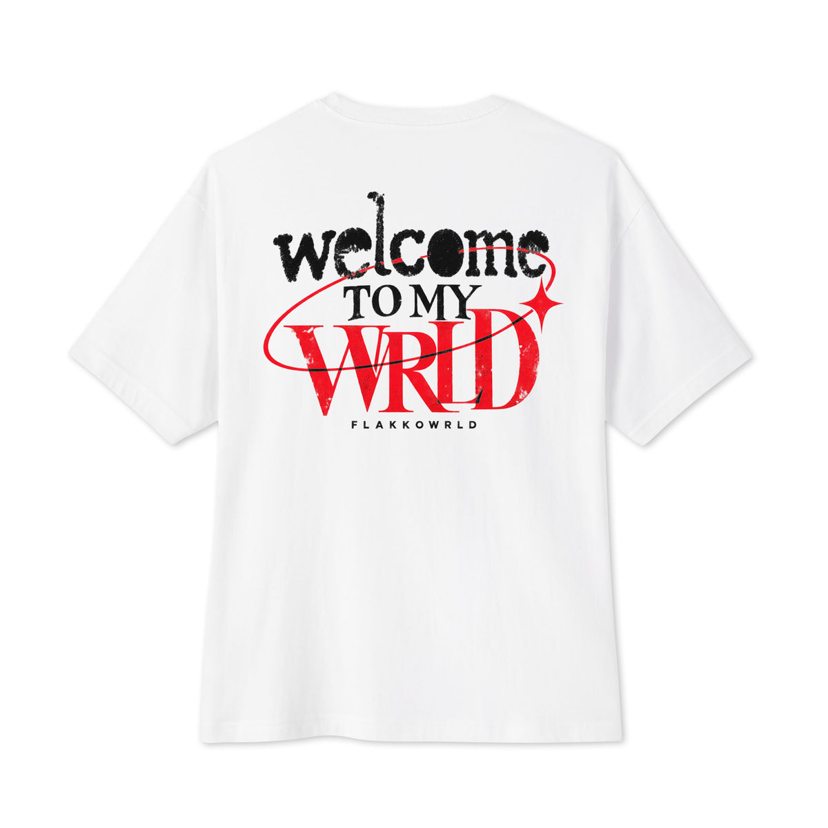 White Flakkowrld oversized T-shirt, back view.